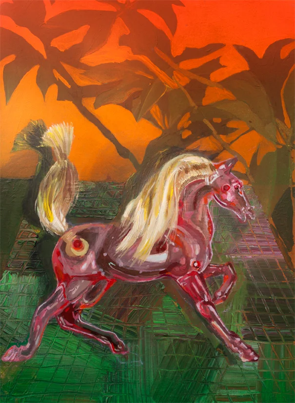 Toy Horse, acrylic and spray paint on wood panel, 12 x 16 inches, 2017