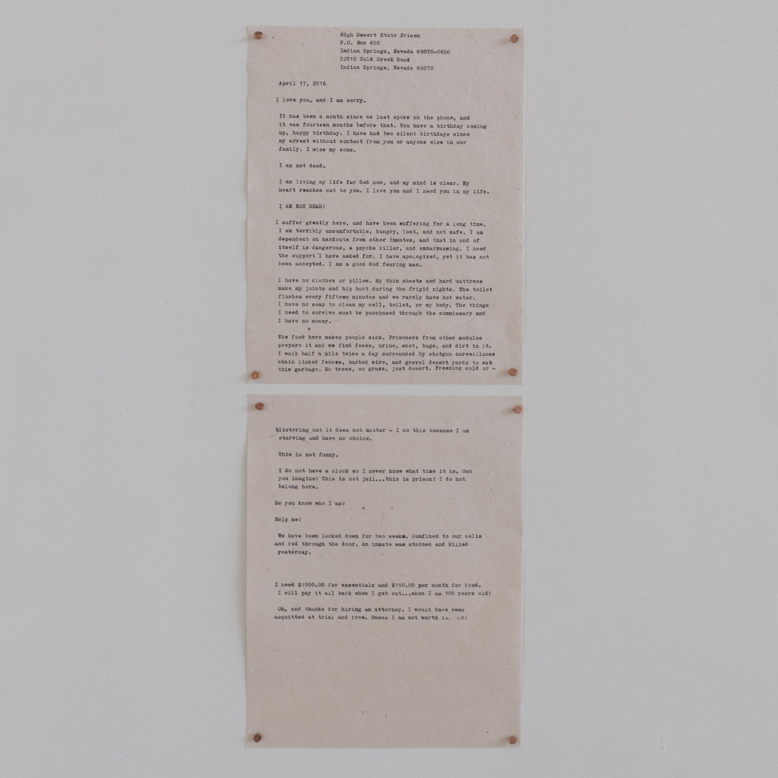  Family Letter #1, 8.5”x11” (2), Transcribed letter on Flowerseed Paper using Family Typewriter, 2019 