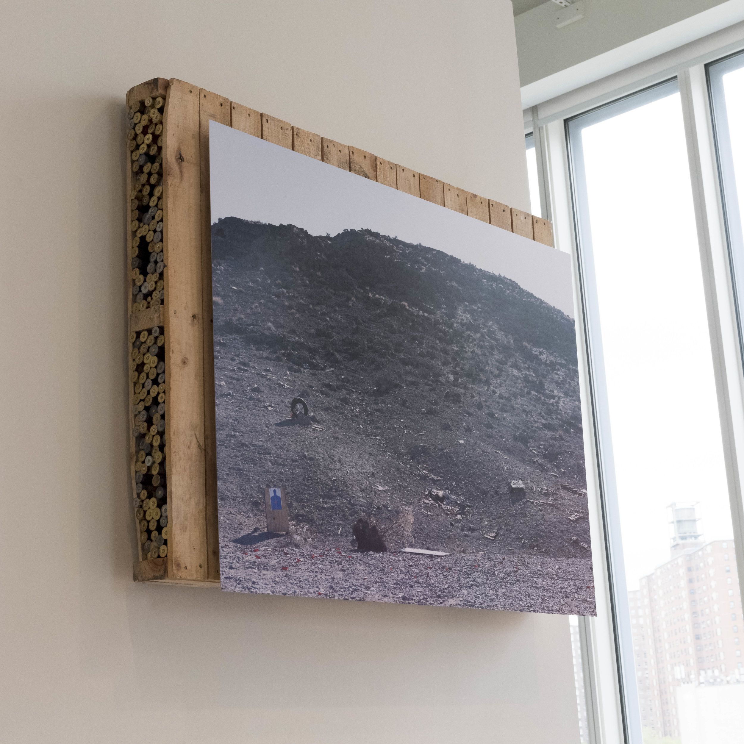  Shooting Range #2, 36”x48”, Dye Sub Aluminum Print mounted on pallet with found shotgun shells from HDSP area, 2019 