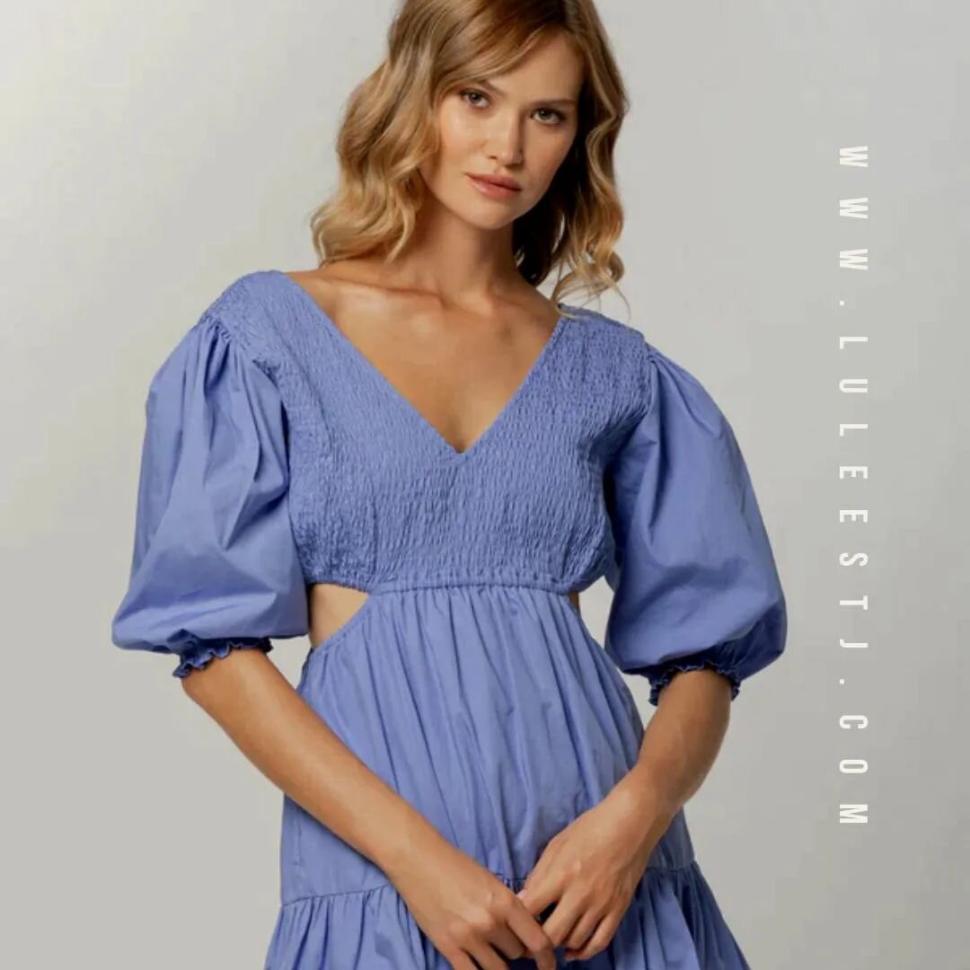 -:- HAND-DYED -:- This cute mini dress features billowing sleeves and cute waist cut-out details.

Hand-dyed in our calm Haze hue, enjoy the evening in comfort with a lined and tiered skirt and deep V-neck shirred bodice.

Structured and feminine in 