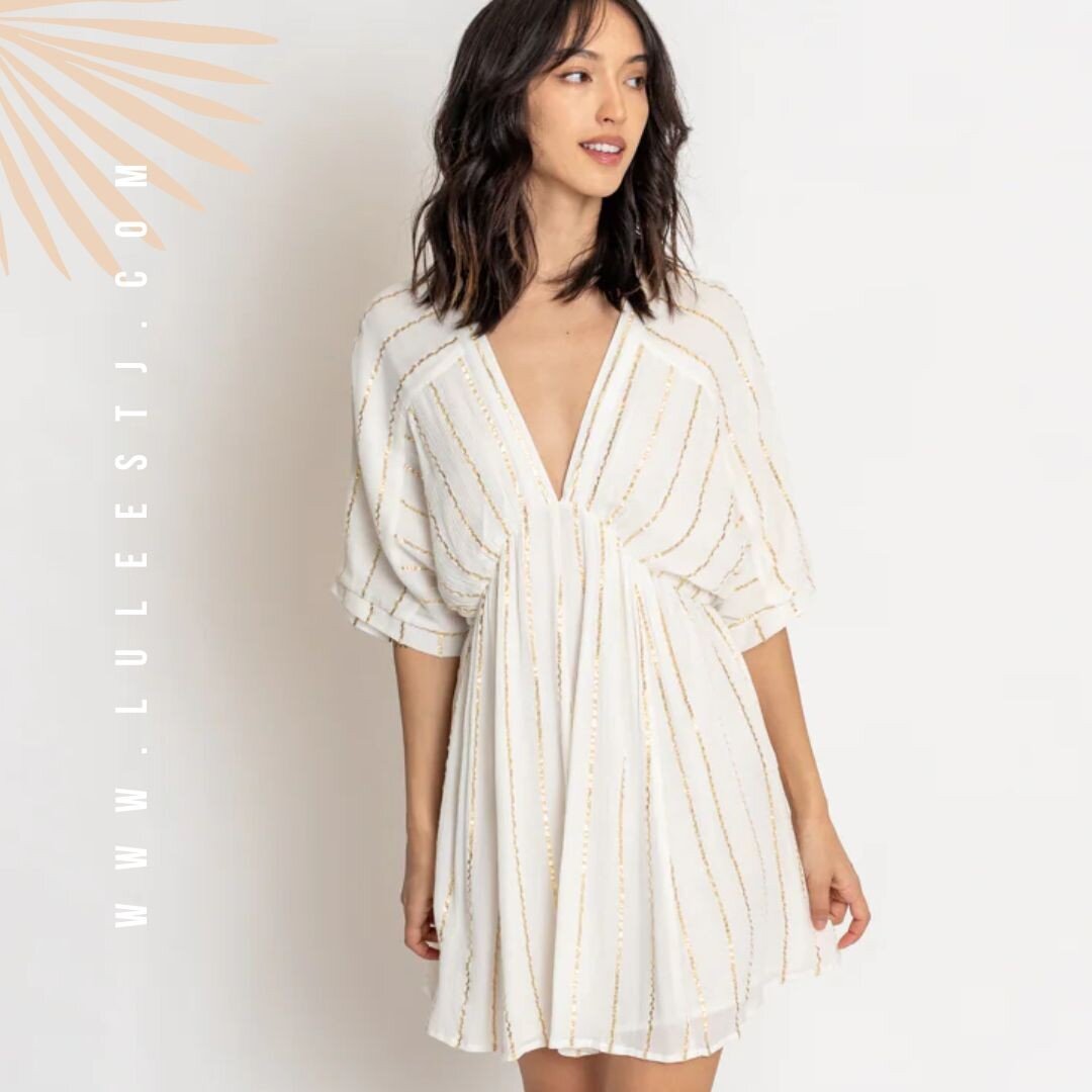 -:- N E W -:- Perfect is this sequin stripe kinomo mini dress with deep v-neck. 

Available in cream (shown here) and the perfect shade of lavender.

Find it in store &amp; online ::
@mongoosejunction 
@westinstjohnvillas 
www.luleestj.com

.
.
.

#l