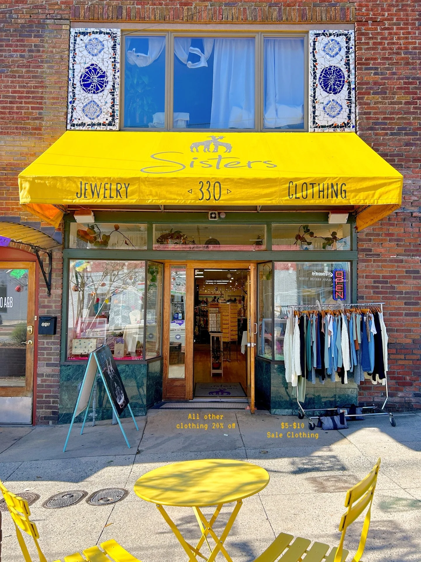 CLOTHING SALE 🌞
All clothing on the sale rack is now $5&ndash;$10!
All regular priced clothing is 20% off!
&bull;
&bull;
The 20% off clothing promotion is valid today only. Sale rack items are available at a discounted price until sold out.