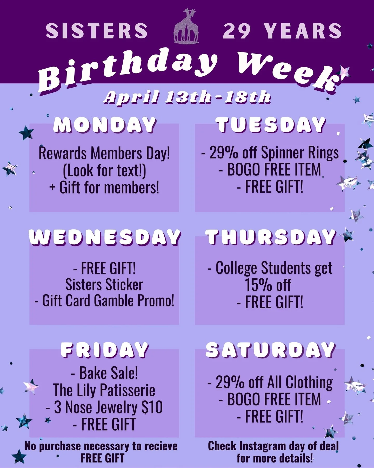BIRTHDAY BASH STARTING TOMORROW! 💜 Come celebrate our 29th birthday with us!! We wouldn&rsquo;t be here without you all, so this is all for you! Thank you for your continued support and business, we&rsquo;re so thankful.
&bull; Share this post to yo