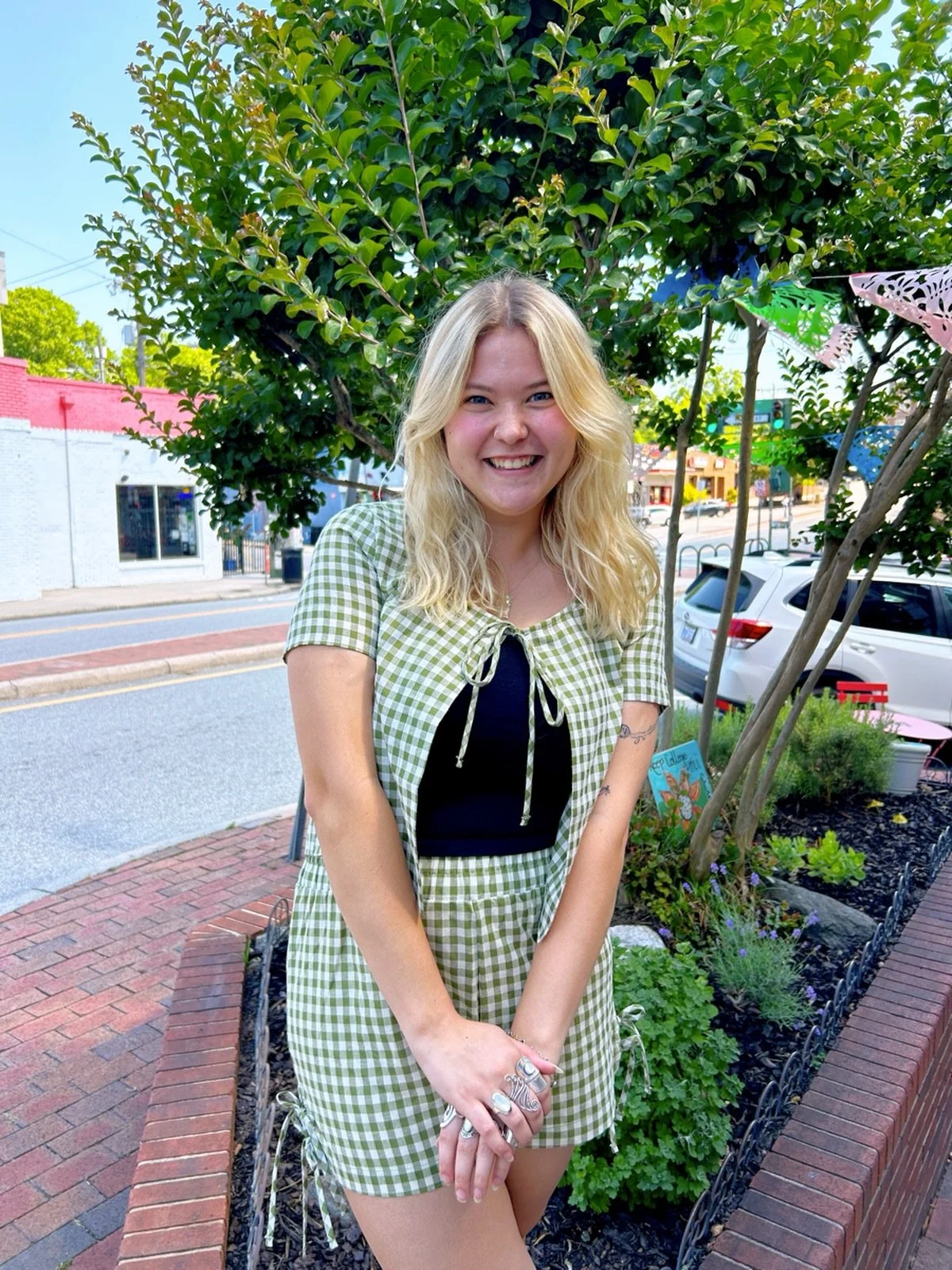 Green Plaid Set is in stock! 💚🌿🐛🥝❇️🪲🫛 Stop by today until 7pm! Plus, ALL sunglasses are only $8!! 🕶️