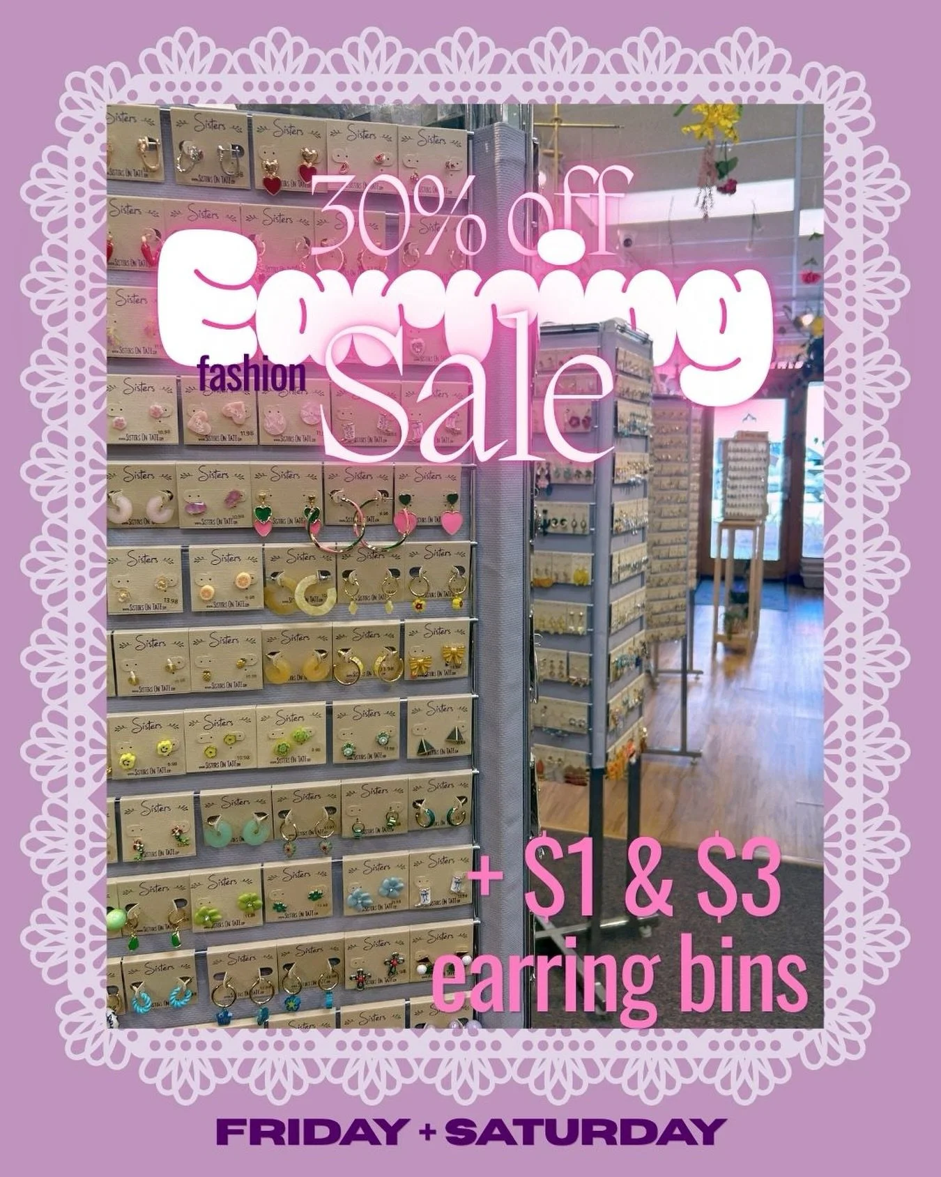 30% OFF ALL FASHION EARRINGS + $1 SALE EARRINGS!! Starting today, the three purple earring towers in our store are 30% OFF! Plus, shop from bins of $3 and $1 fashion earrings. This sale is only happening for two days, so come grab the best ones first