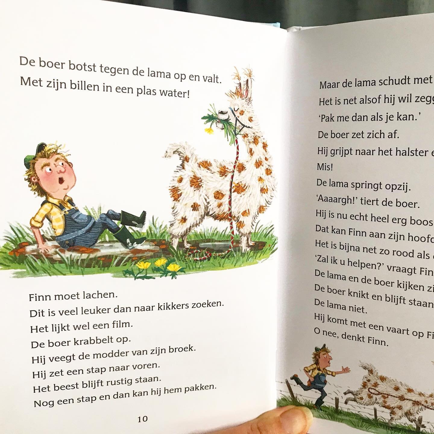 Look out for Spit the llama! Quite friendly, but big, cheeky and clumsy too. 
Available in the Dutch bookstores. 🎉

In Dutch: Voor kinderen om zelf te lezen. Spit de lama staat in de wei bij een boer. Maar het botert niet zo tussen boer en Spit. Fin