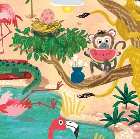Again, a sneak peek.
Lions, flamingoes, a crocodile, monkey and a special egg. All together, having fun in the same illustration. 💛

#imagination #illustration #detail #wildanimals #monkey #flamingo #searchandfind #illustration #illustrator #illustr