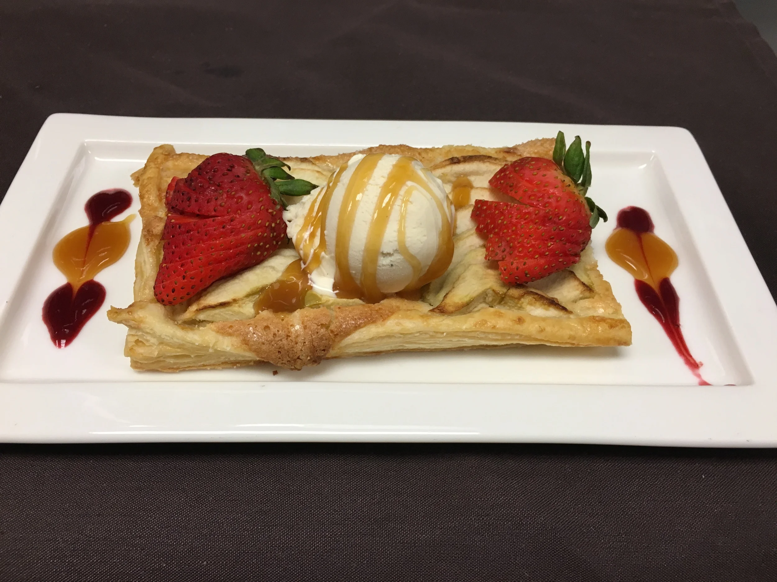 Filo Apple Tart with caramel sauce and vanilla ice cream