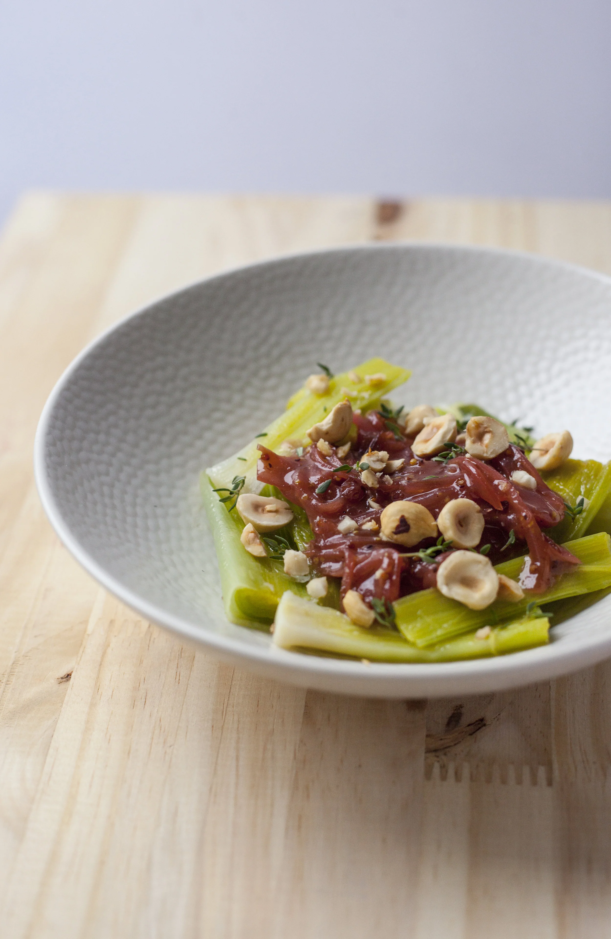 Leeks Vinaigrette with Cranberry Shallot Relish and Toasted Hazelnuts