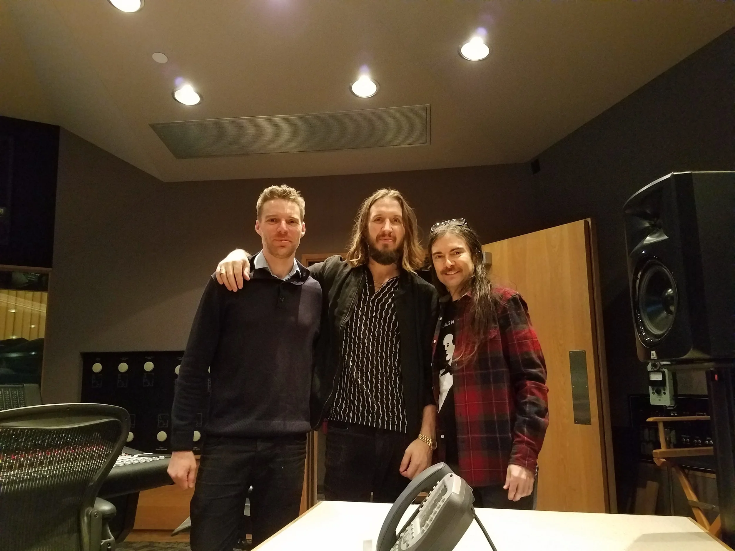 Above : Steve Aho (L); Emile Haynie (C); Roger Joseph Manning Jr. (R) recording in the studio for The Greatest Showman