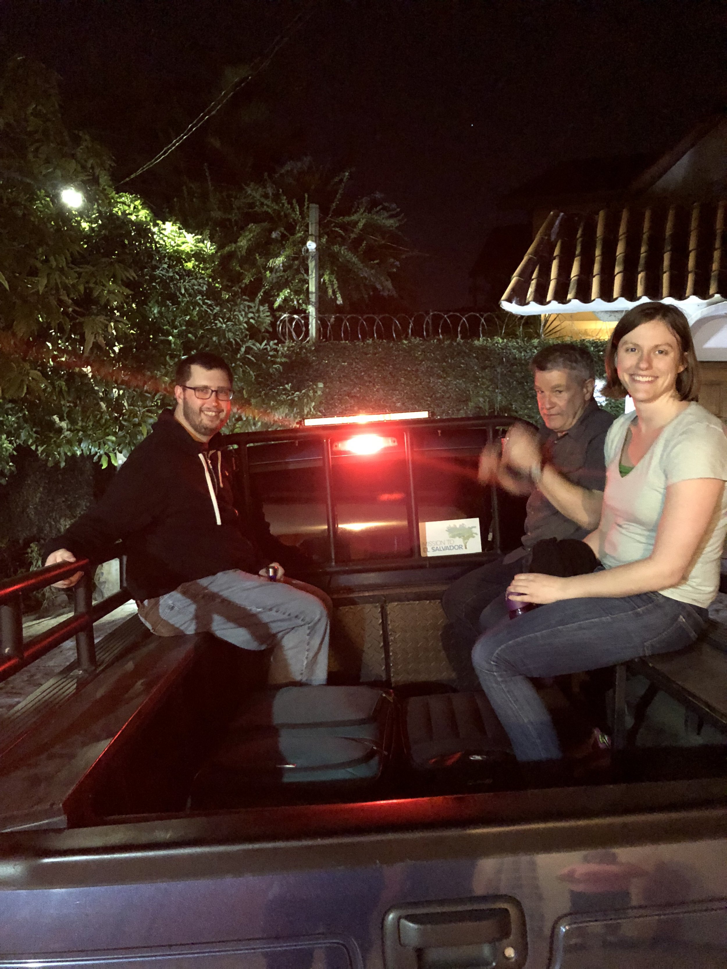 Sitting in the back of Jon's pickup truck, before going to the MTES offices on Thursday night to package and hand out meals. 