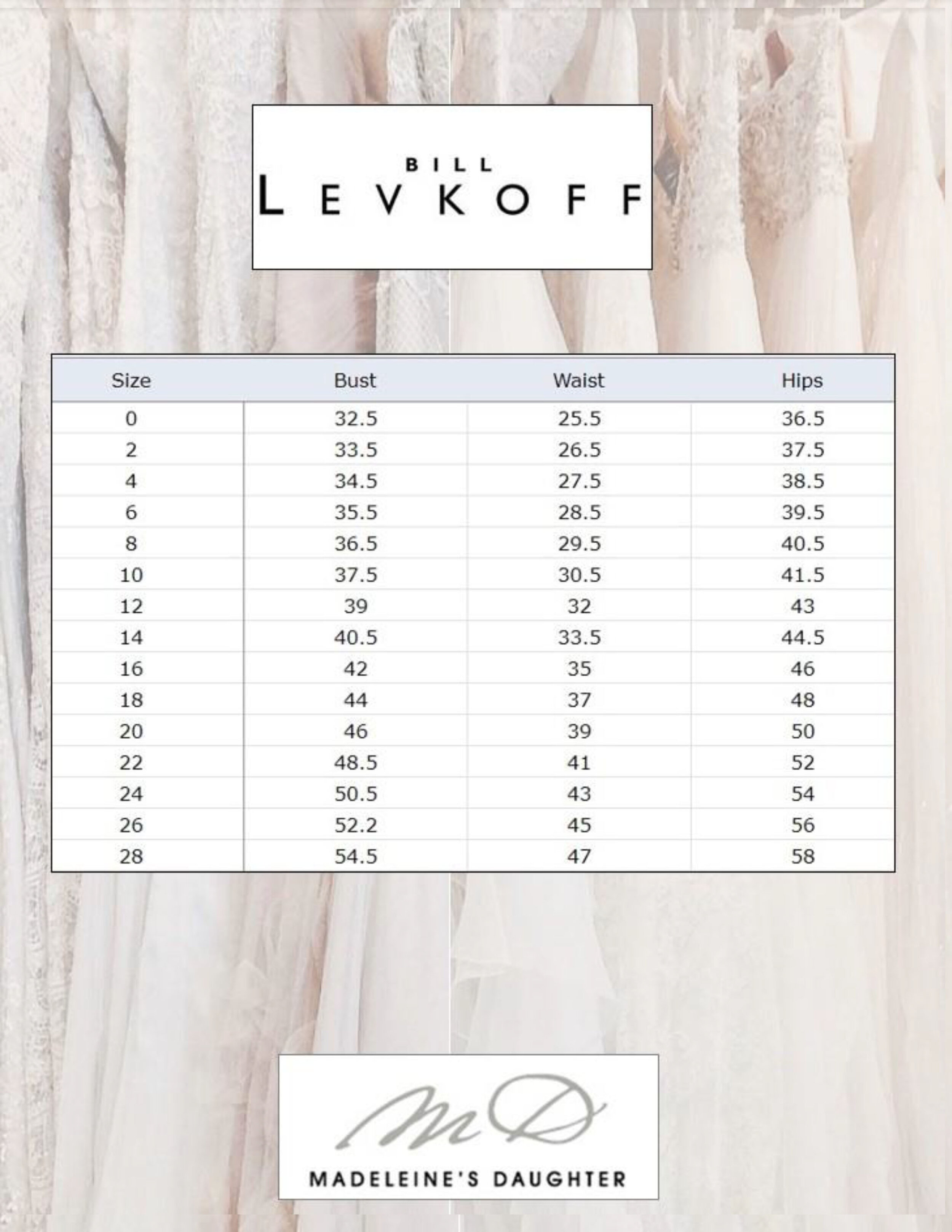 Bill Levkoff Size Chart