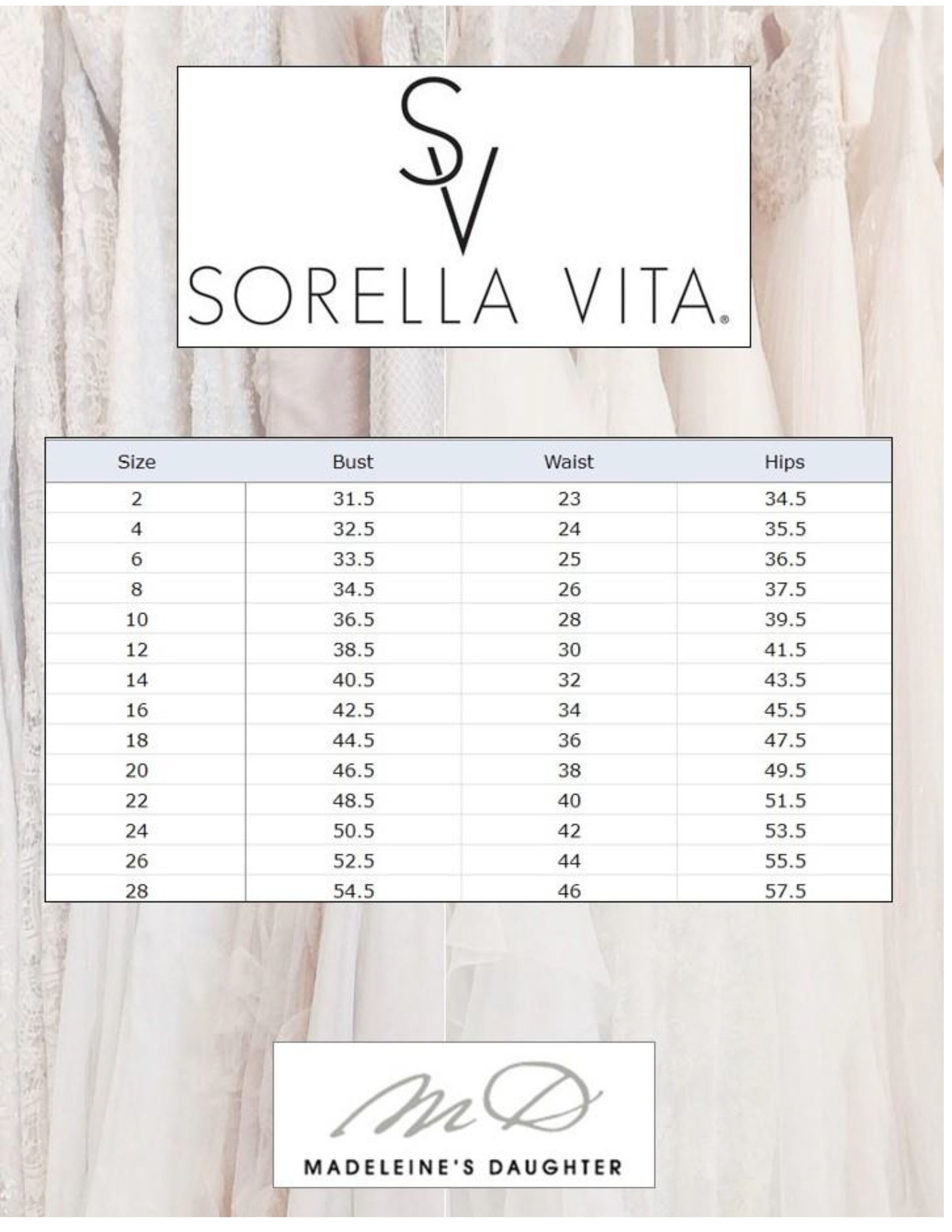 Sorella Vita Size Chart