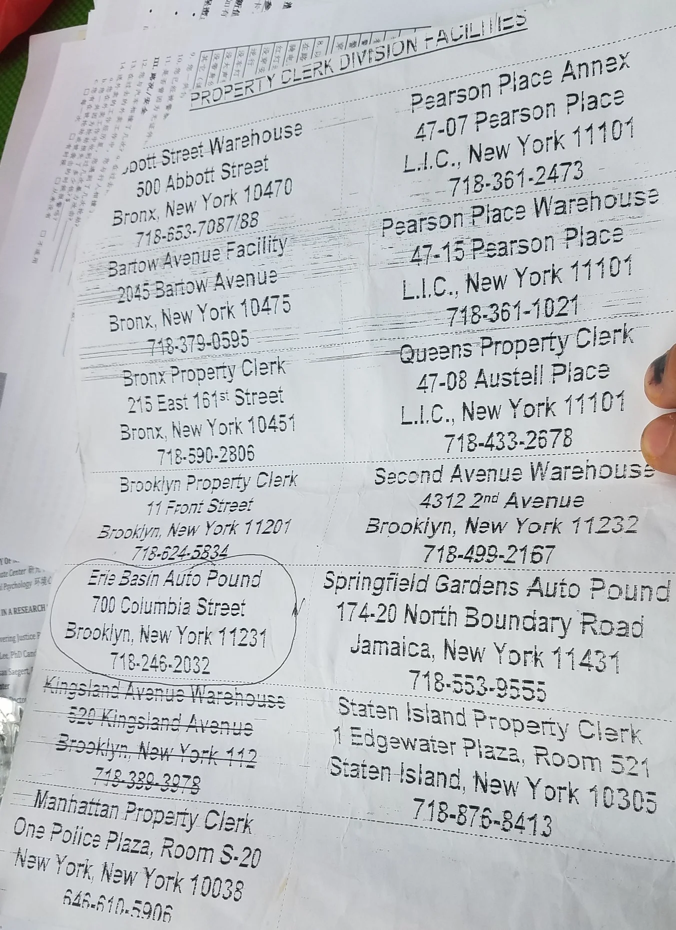 The listing of storage facilities that the delivery worker visited in vain to find his confiscated e-bike.