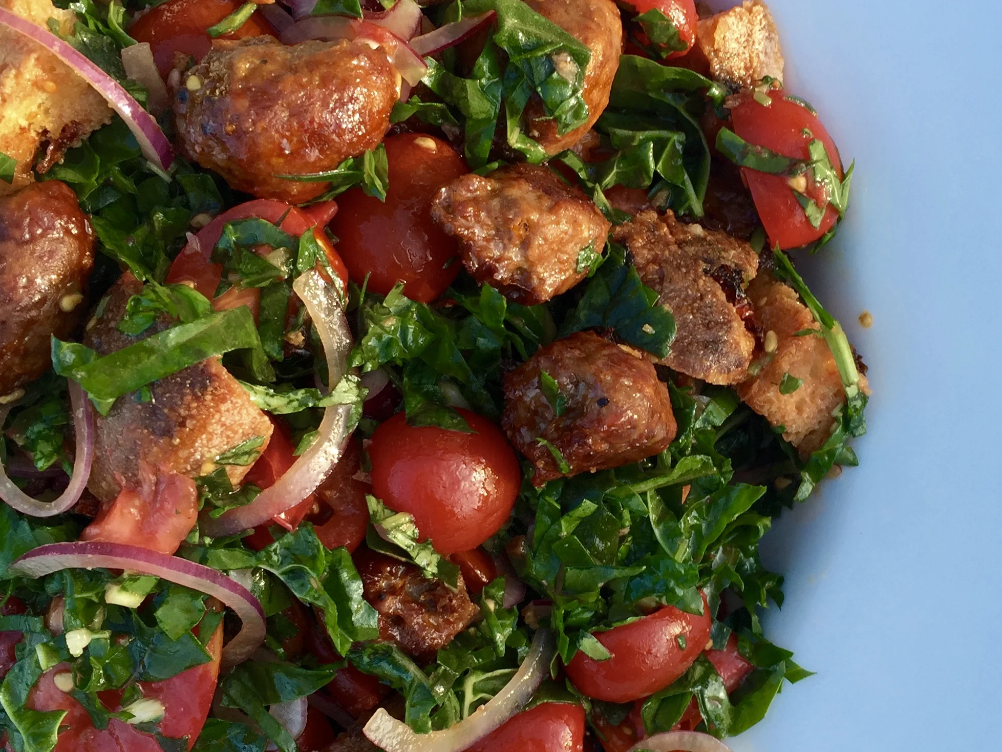 sausage, bread and tomato salad