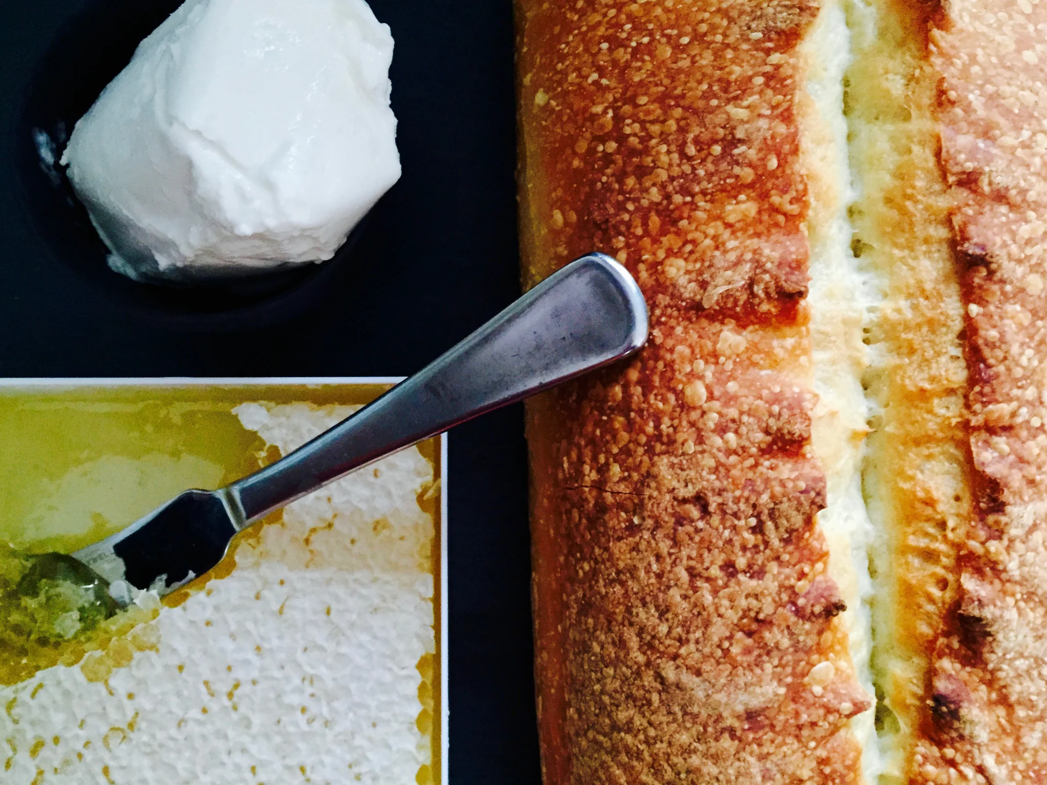 goats cheese, bread, comb honey