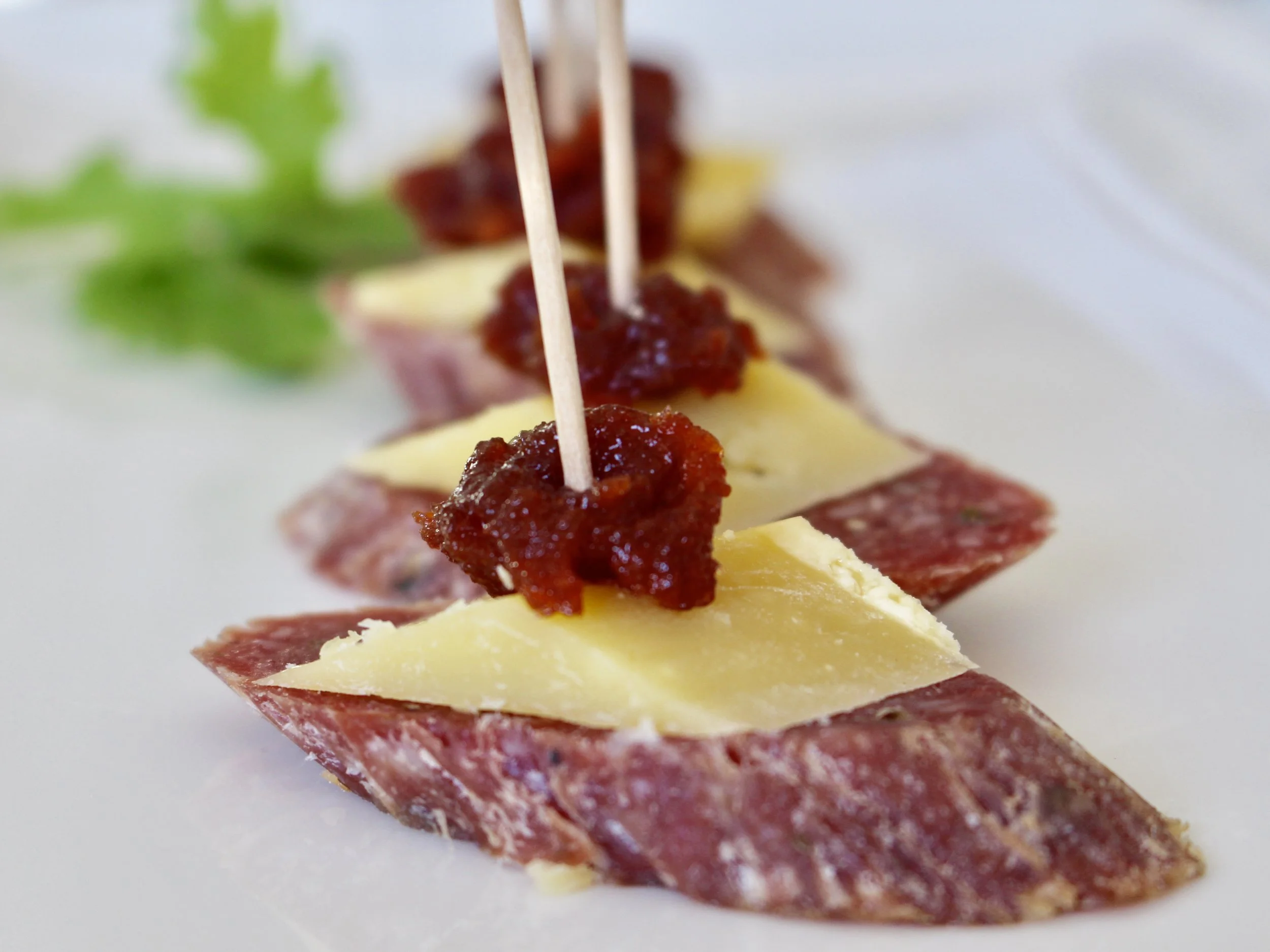 salami, edam cheese, quince paste canapés
