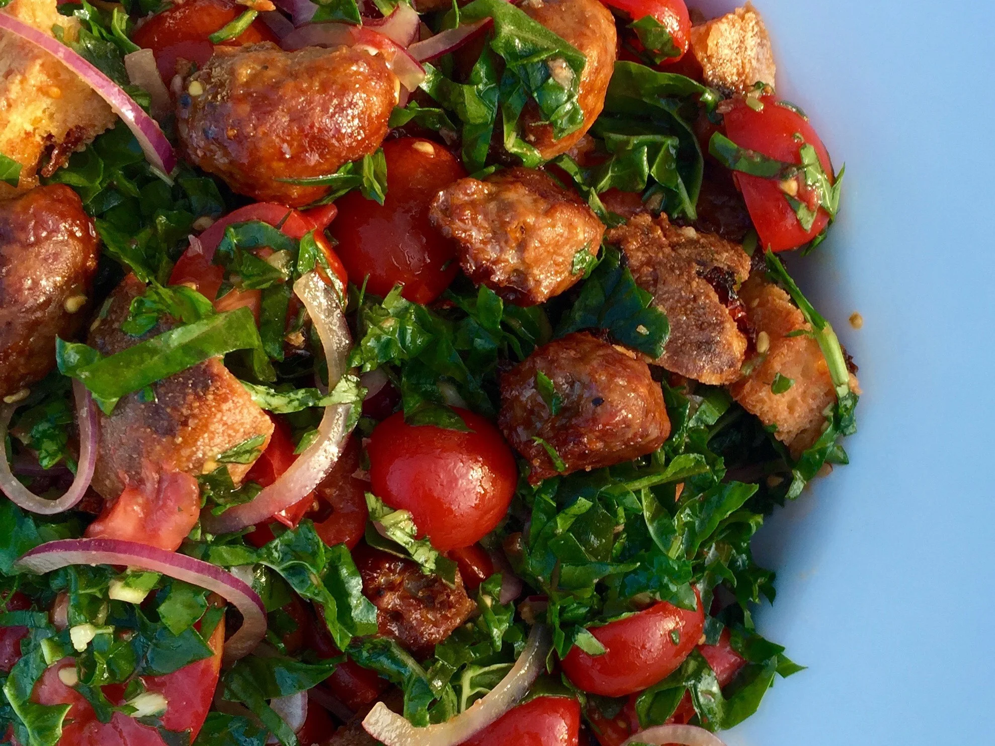 sausage, bread and tomato salad