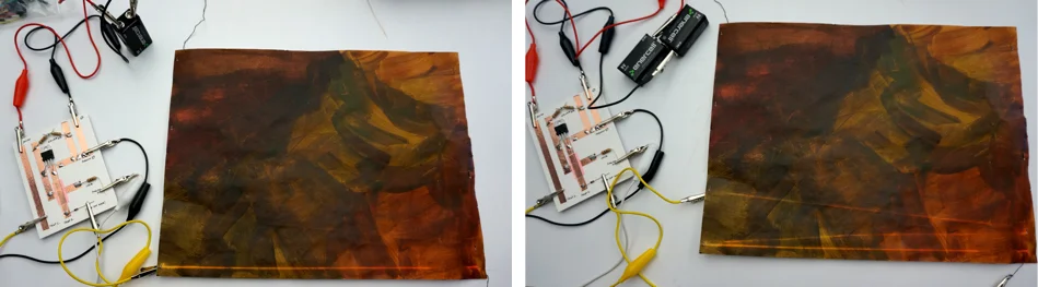 First of all, I tested out the thread lengths according to the power. I painted thermo ink on paper and attached conductive thread on the backside of paper. If it had around a 9volts battery power, then the ink disappeared up to 25inches. When it was connected to two batteries over 16volts, then the ink receded up to 36inches.