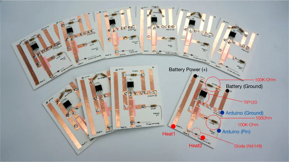 I made 10copies of the heating circuits for lower power and longer threads. Heating Circuits (Transistor TIP120, Resister 100K-Ohm, Resister 100Ohm, Diode IN4148, Copper Tape)