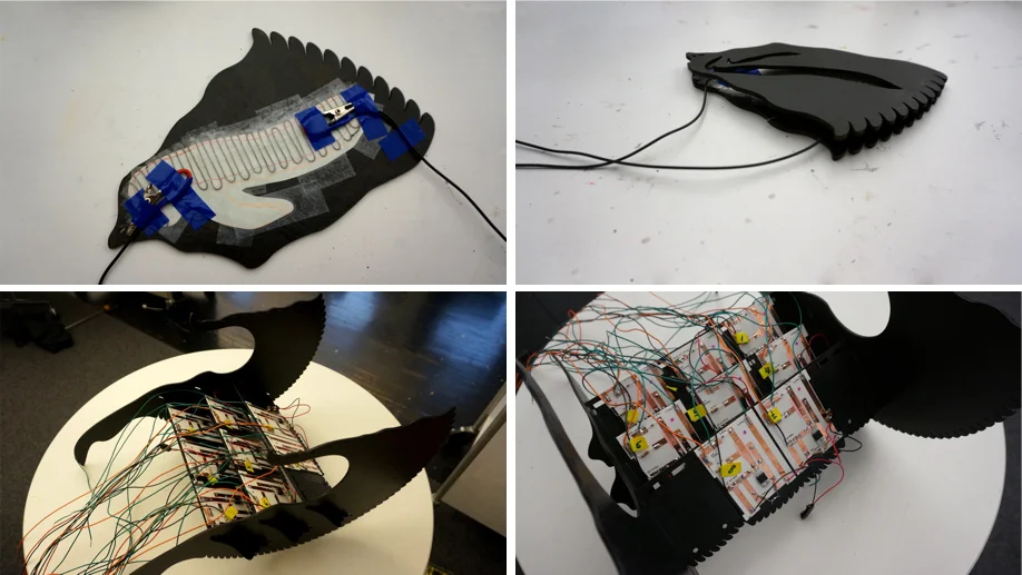 I taped conductive threads on a paper as condensing coil style and inserted circuits on the backside of feathers. I tested out the blink example on Arduino. For heating up, the ink needed twenty seconds at least and for cooling down, they took thirty seconds at least. Even though it took a while, I thought that the pigments expressed warmer and more dramatic emotions than LEDs for sure.