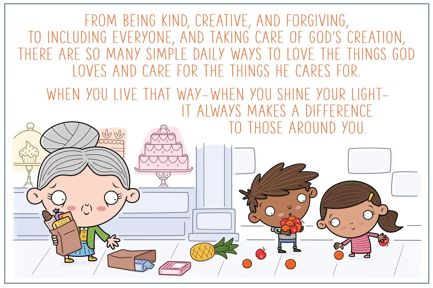 Illustrated page from a tiny book showing a colorful scene with text overlay