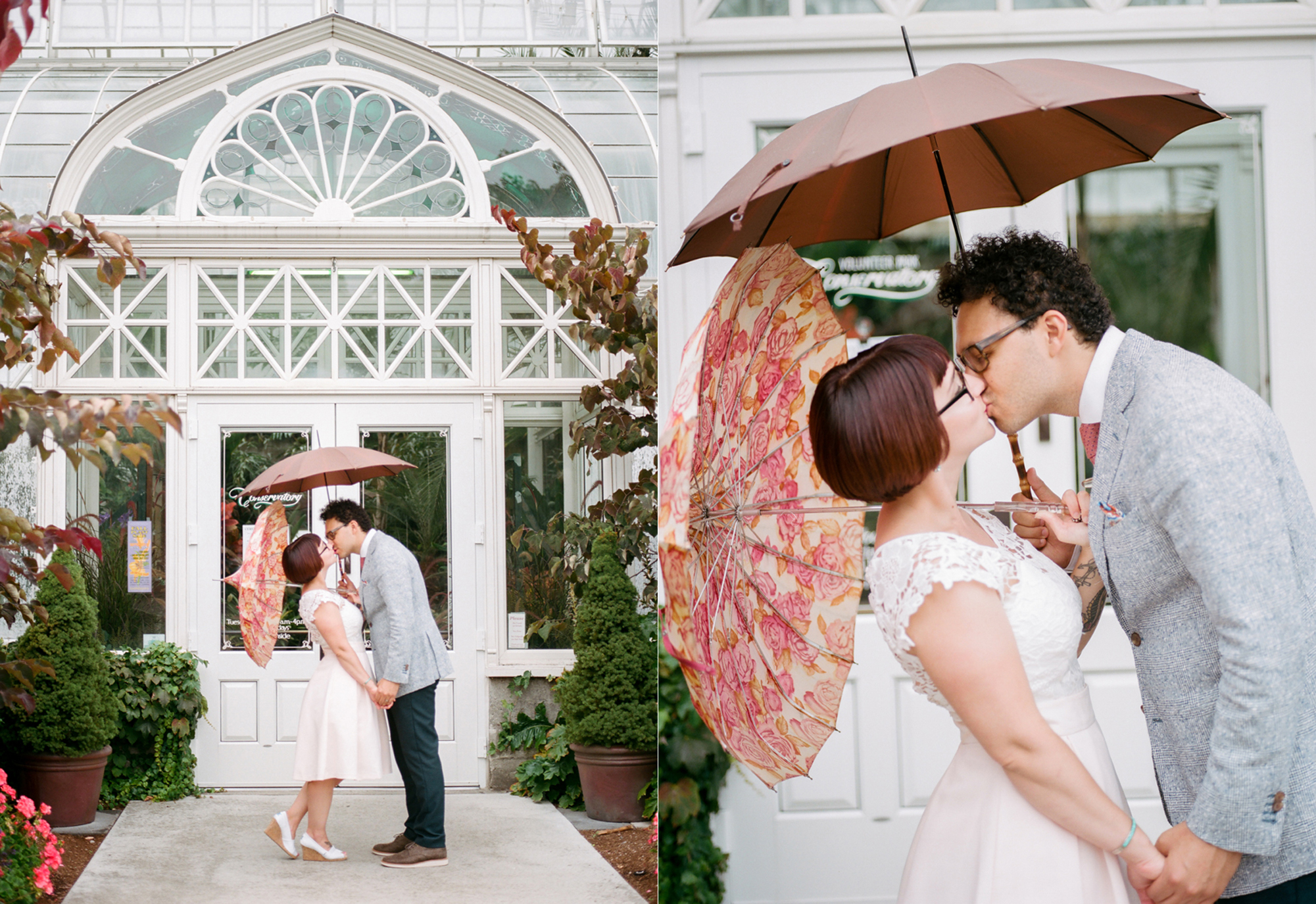 Bride and Groom Portraits at a Volunteer Park Conservatory Wedding with Bella Umbrella