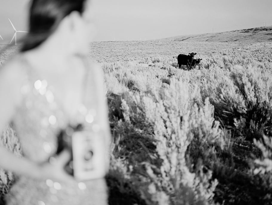 Couples Portraits with a Badgley Mischka gown at Wild Horse Wind Farm in Eastern Washington.