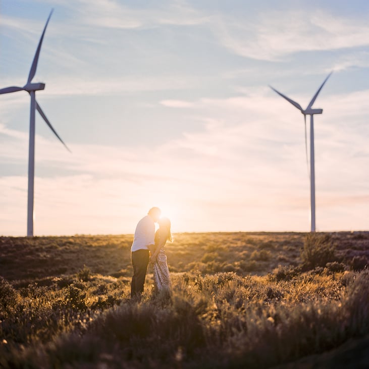 Couples Portraits with a Badgley Mischka gown at Wild Horse Wind Farm in Eastern Washington.