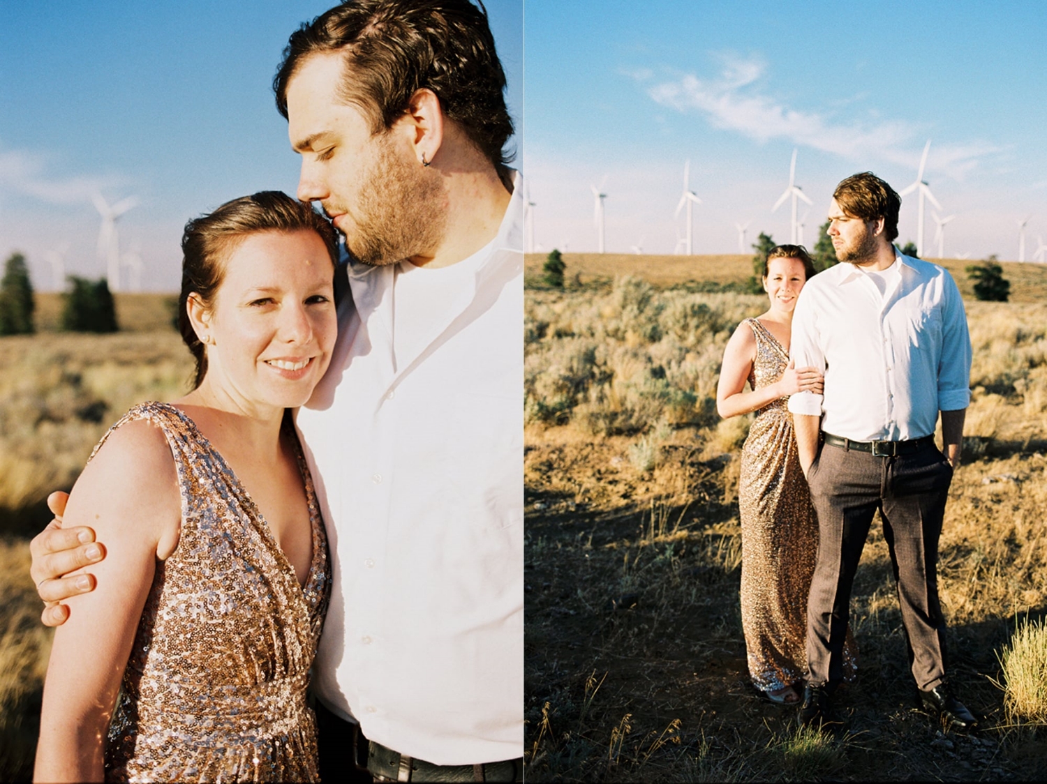 Couples Portraits with a Badgley Mischka gown at Wild Horse Wind Farm in Eastern Washington.