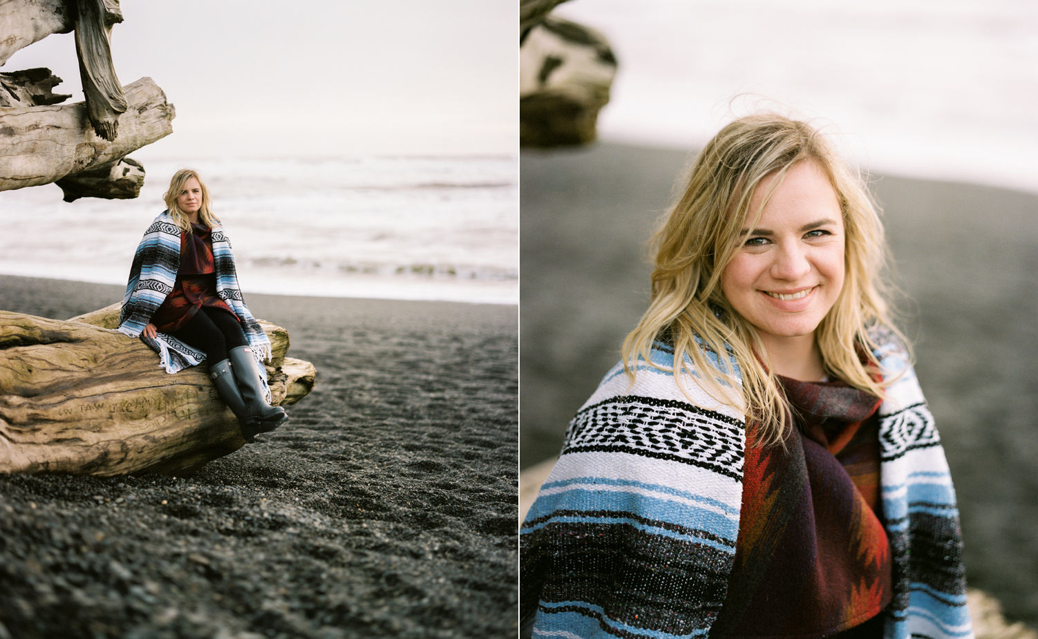 Film portraits at sunset on First Beach in La Push at the Washington Coast