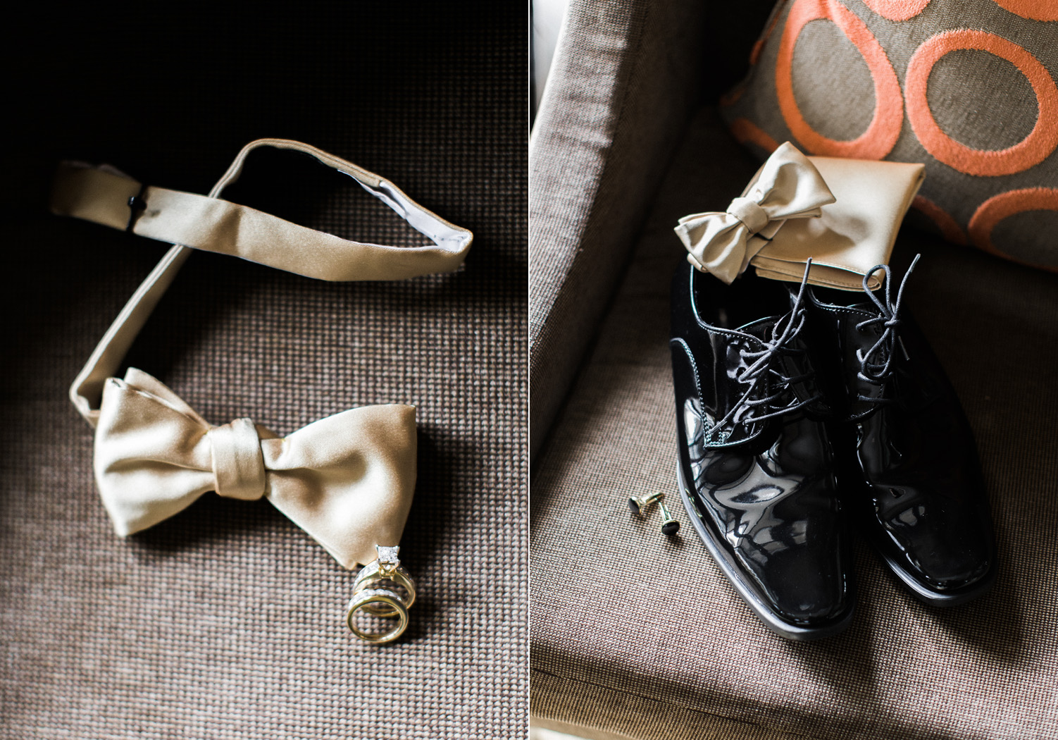 The Bellevue Club Wedding Photography Gold Groomsmen Details with gold bow tie