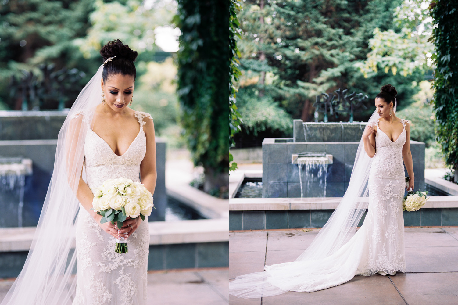 The Bellevue Club Wedding Photography Bride with a long veil and white flowers
