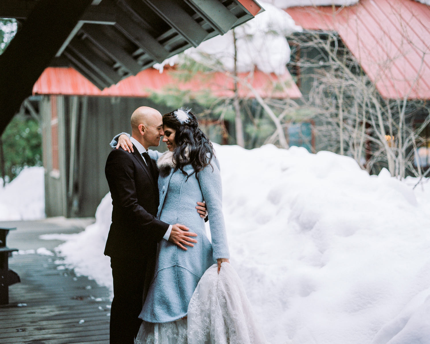 Bride and Groom at the Sleeping Lady Mountain Resort in Leavenworth Winter wedding photography