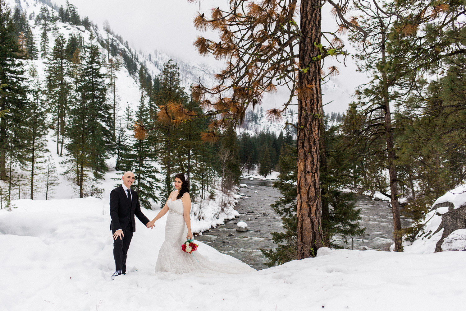 Sleeping Lady Mountain Resort in Leavenworth Winter wedding photography on film by Icicle Creek