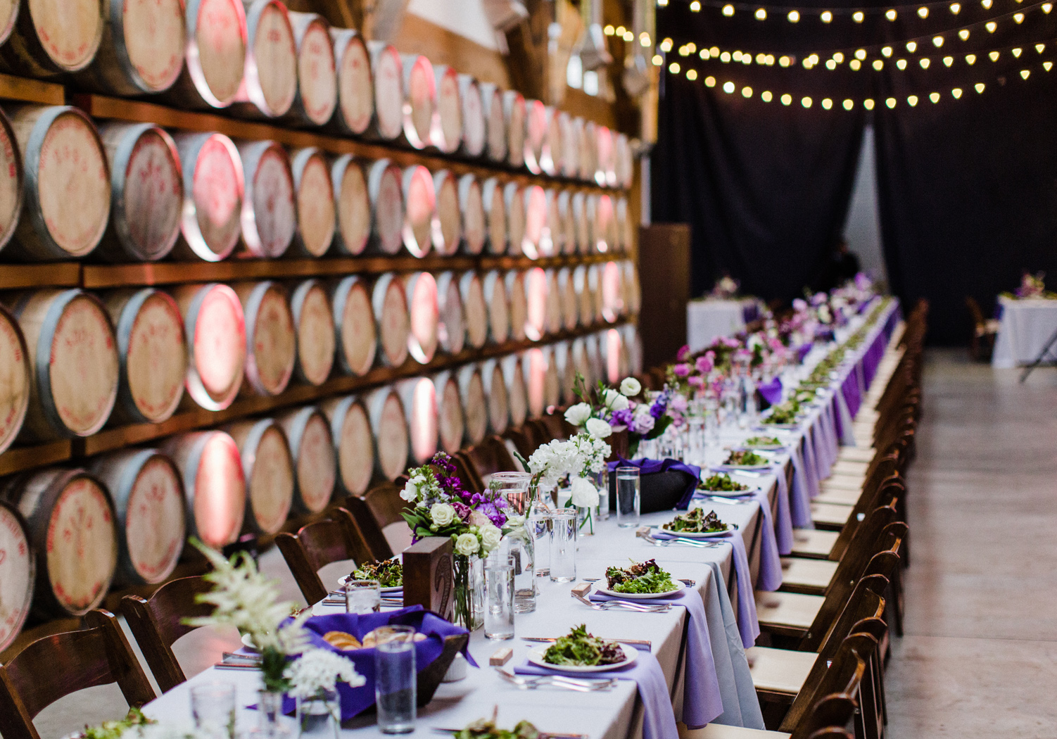 Long Purple Ombre Farm Table for Indoor Wedding Reception at Westland Distillery in SODO Seattle Alexandra Knight Photography