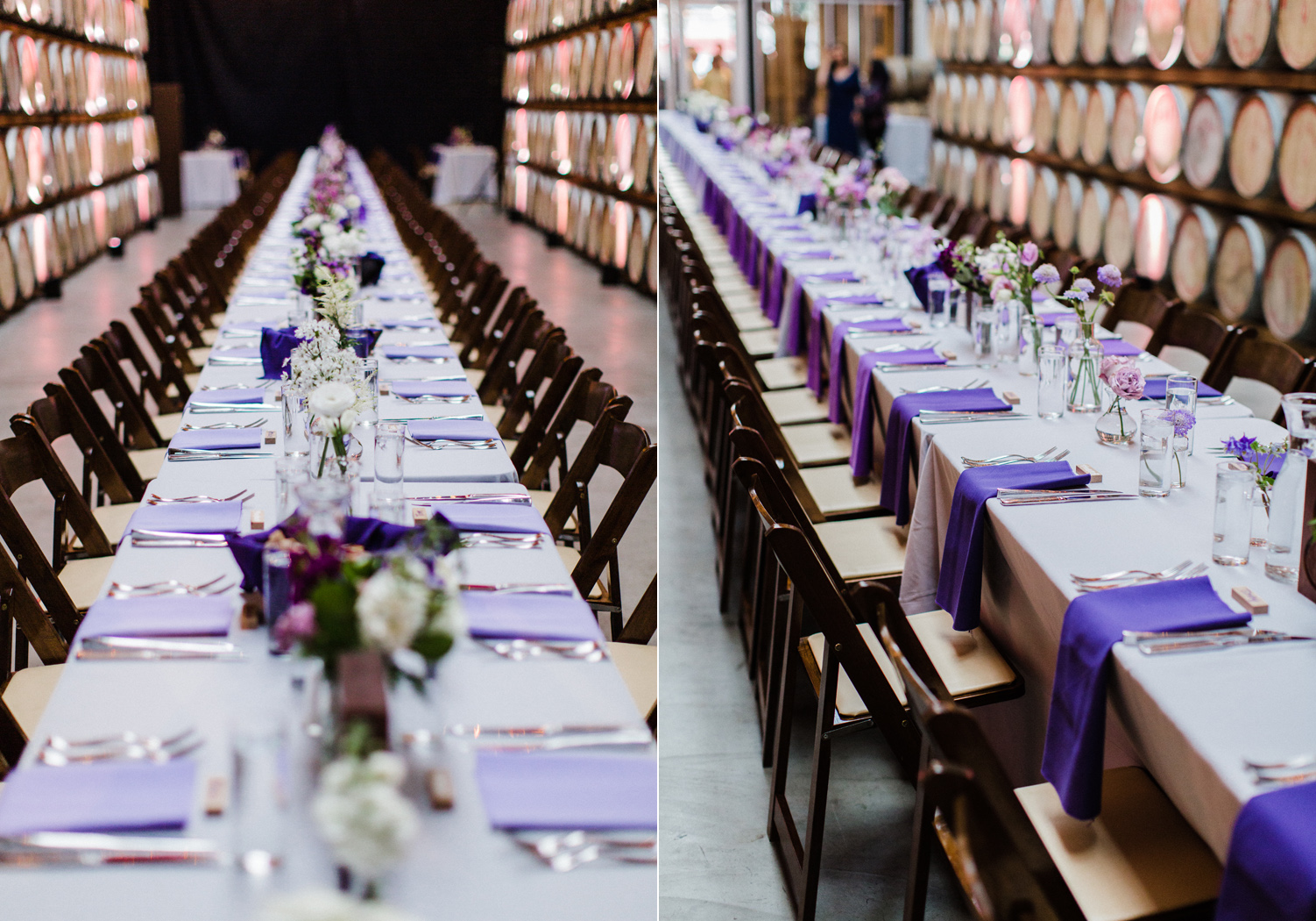 Long Purple Ombre Farm Table for Indoor Wedding Reception at Westland Distillery in SODO Seattle Alexandra Knight Photography