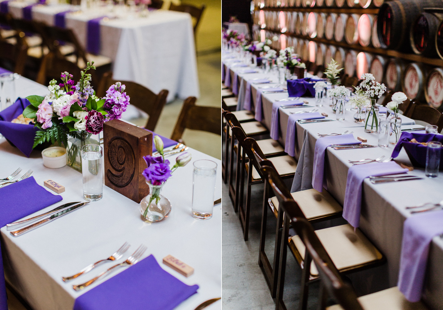 Purple Ombre Farm Table for Wedding Reception at Westland Distillery in Seattle Alexandra Knight Photography