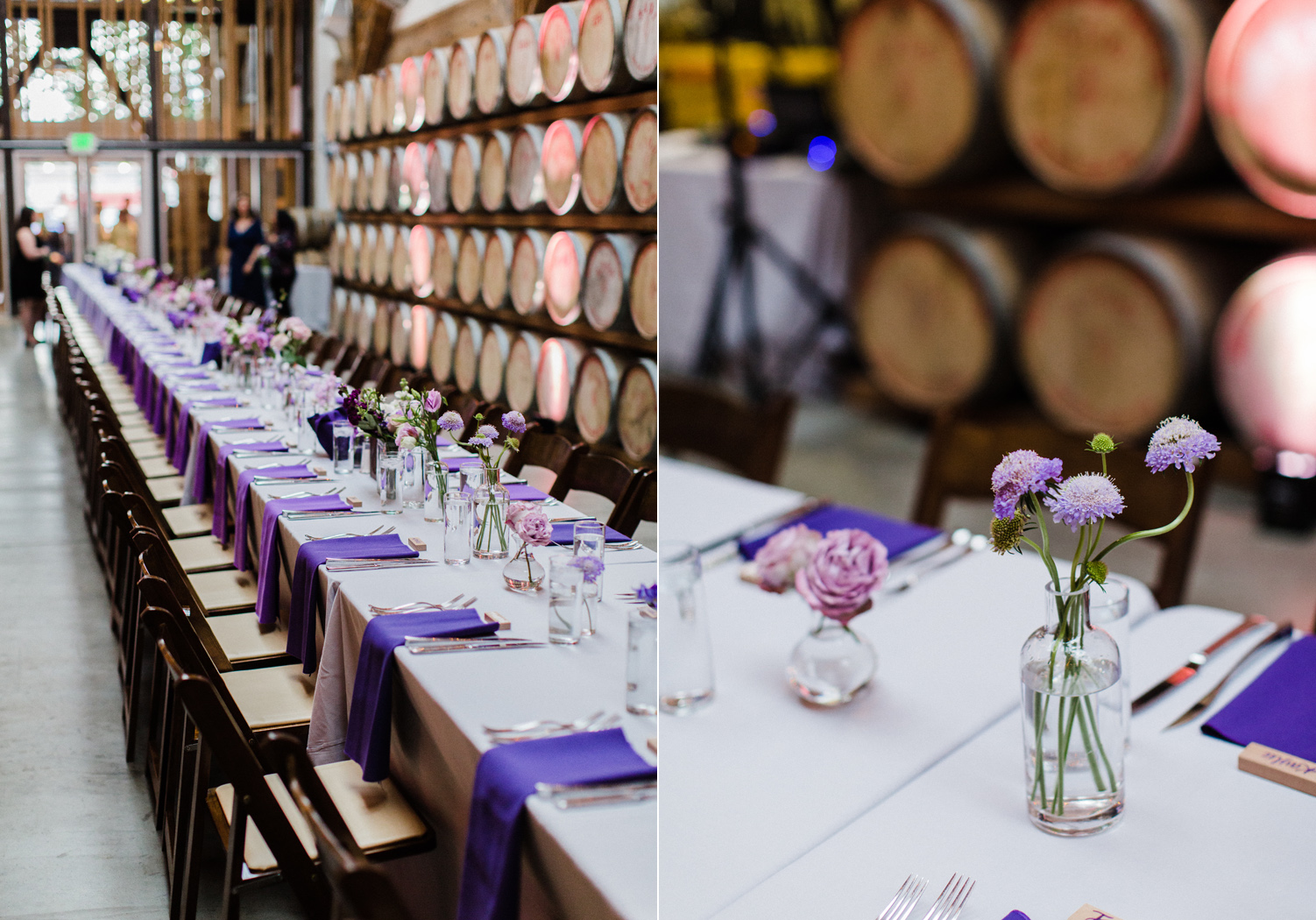 Purple Ombre Farm Table for Wedding Reception at Westland Distillery in SODO Seattle Alexandra Knight Photography
