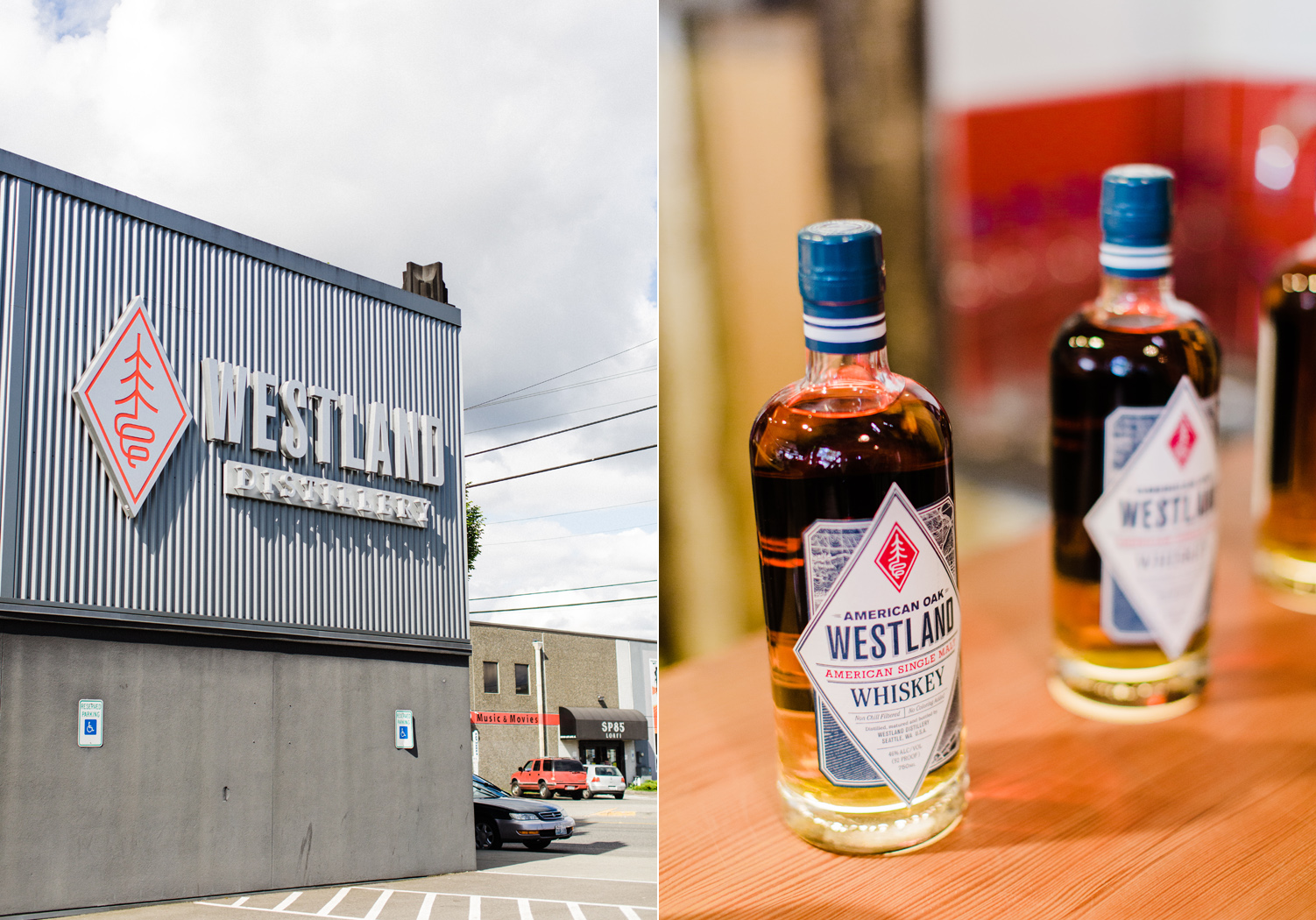 Westland Distillery Building Exterior and Whiskey Bottles by Alexandra Knight Photography