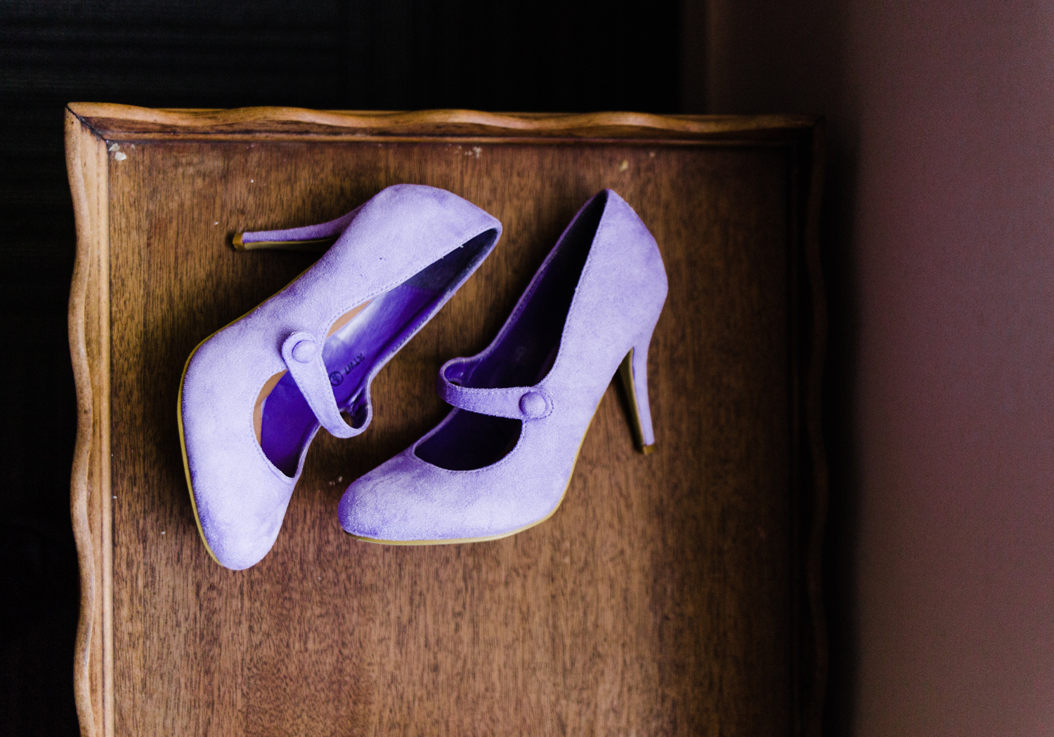 Lavender Purple Suede Bridal Shoes at Westland Distillery in Seattle by Alexandra Knight Photography