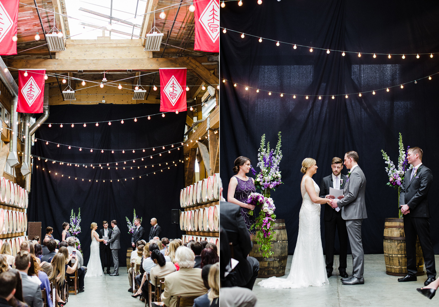 Westland Distillery Indoor Wedding Venue Ceremony Barrel Room by Alexandra Knight Photography 