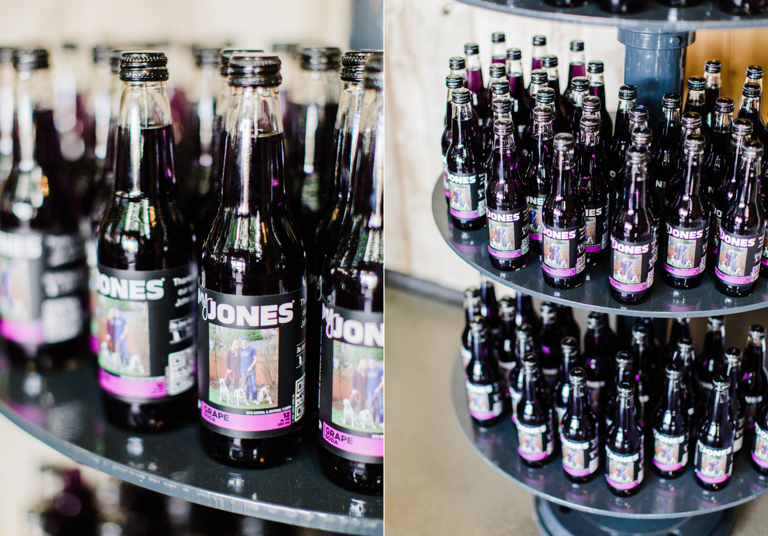 Custom Jones Soda Bottles for a Purple Themed Wedding at Westland Distillery Seattle Wedding Photographer