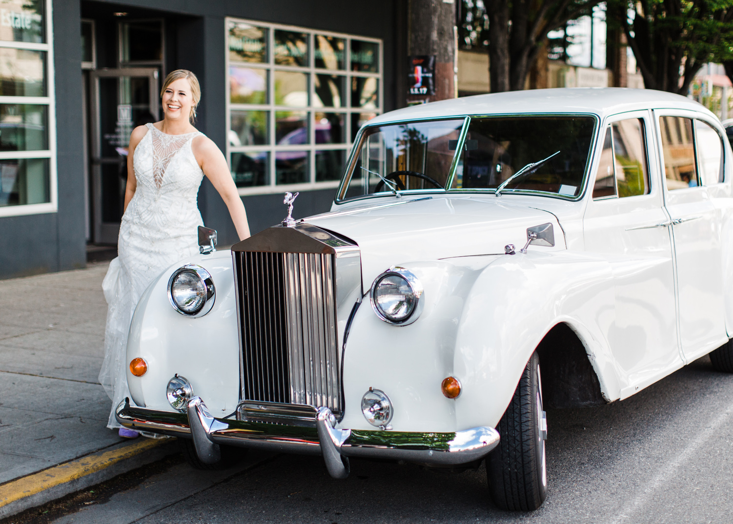 Bride with British Motor Coach Classic Car in Seattle Alexandra Knight Photography