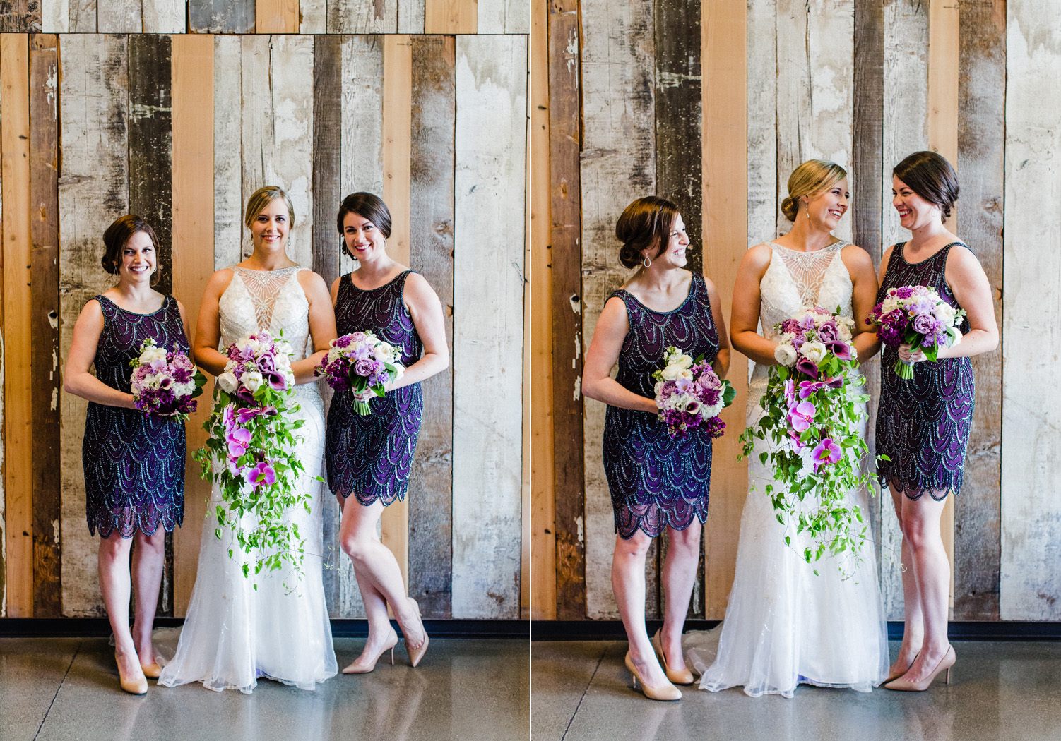 Bridal Party Portraits with Bridesmaids in Sequin Purple Dresses and Purple Ombre Flowers by Alexandra Knight Photography 