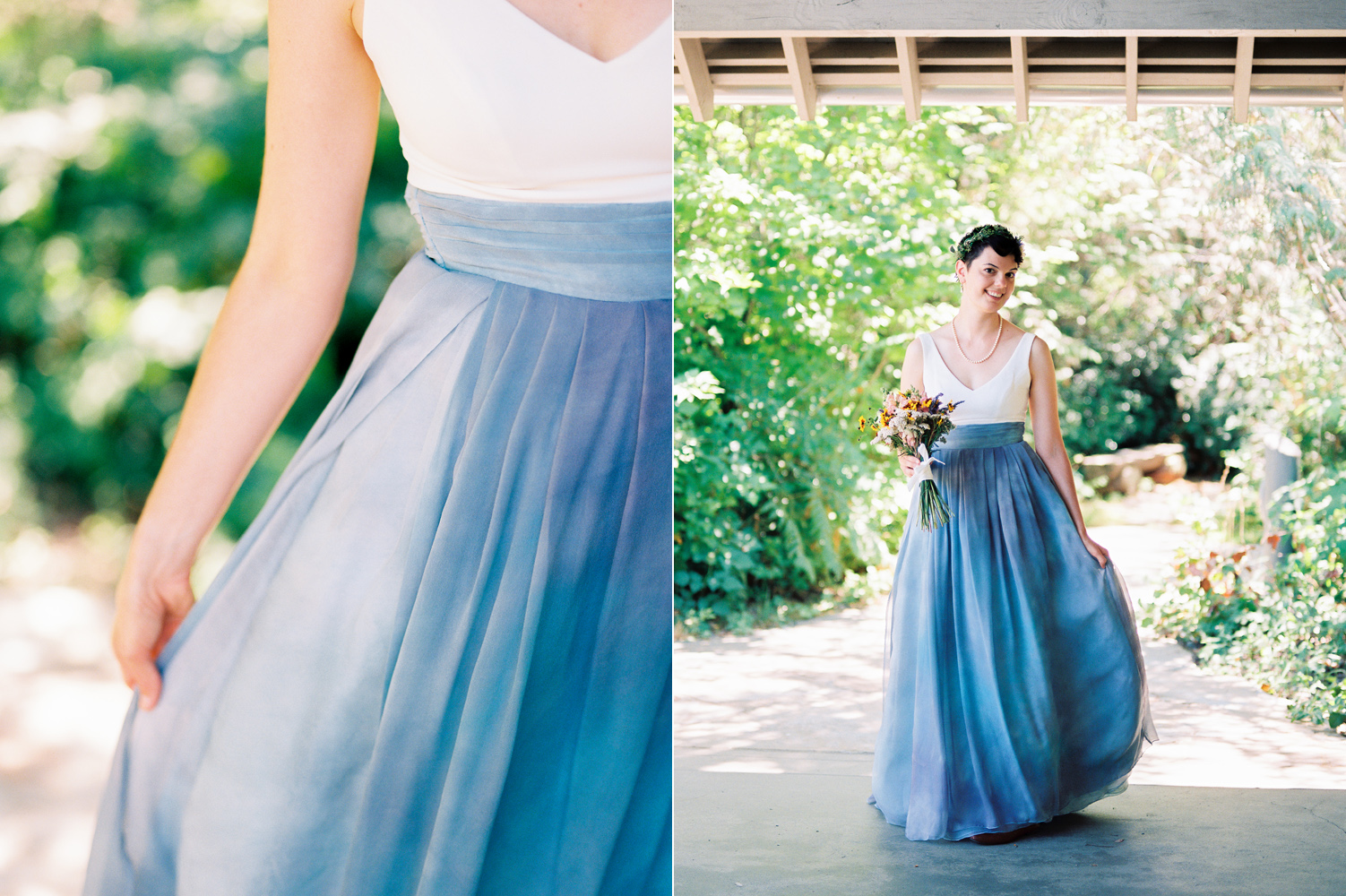 Custom wedding dress with hand dyed blue silk Pacific Northwest Same Sex Wedding Photography