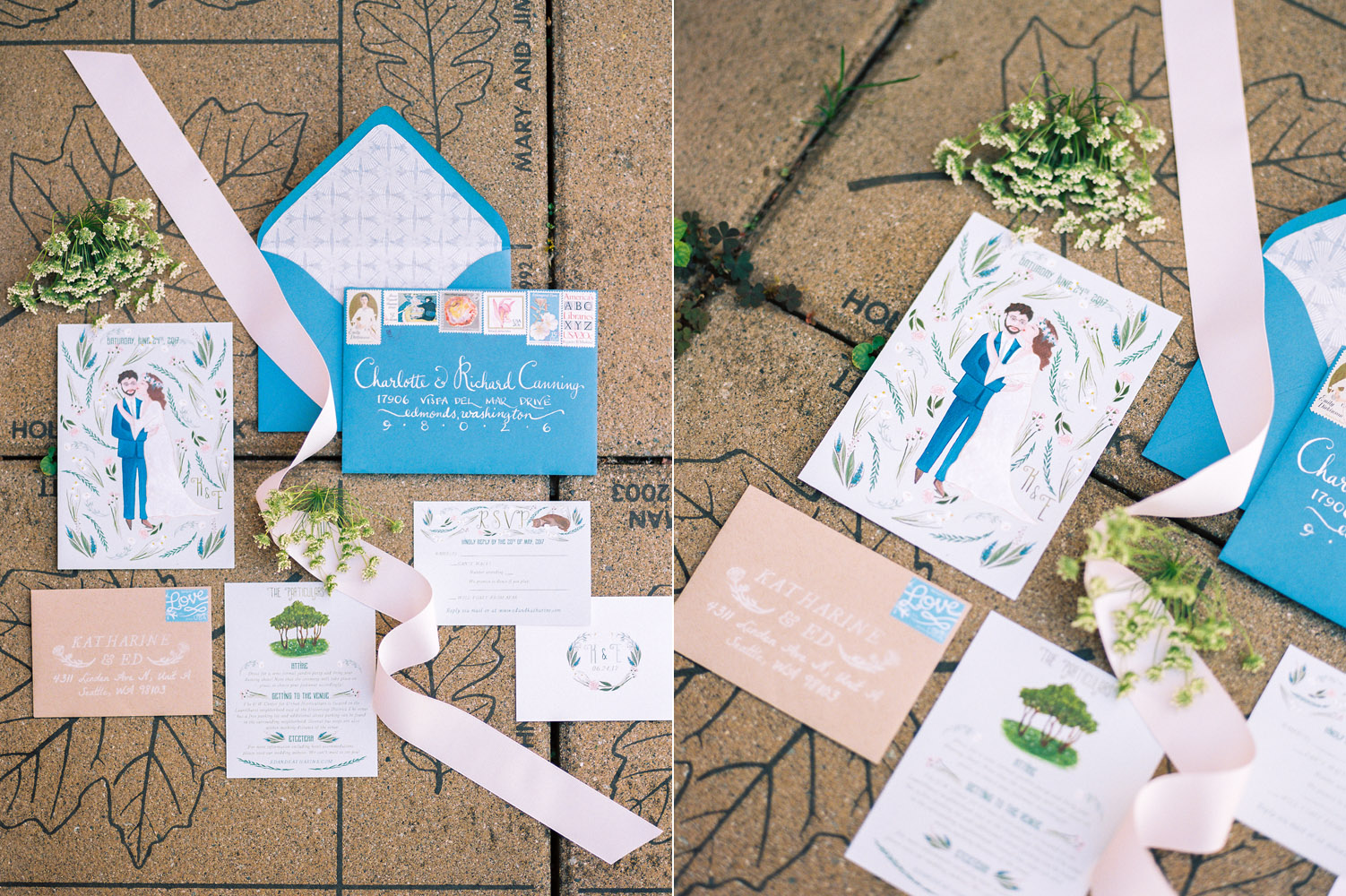 DIY Wedding Invitation Suite with blue and pink hand drawn details