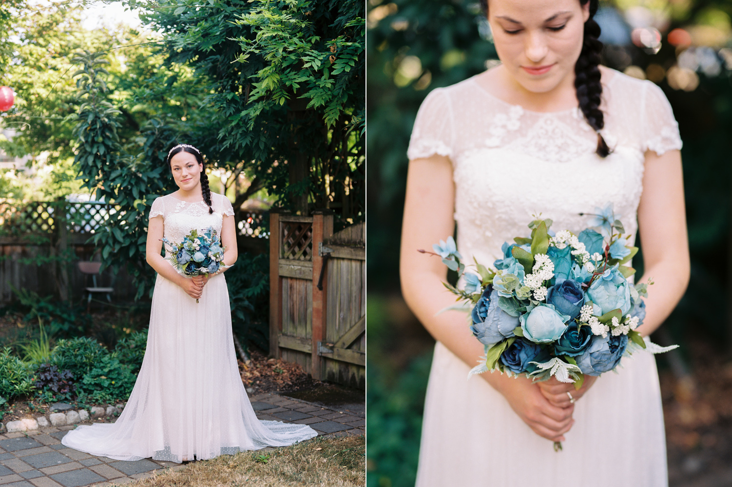 Intimate backyard wedding with blue silk flowers in Seattle