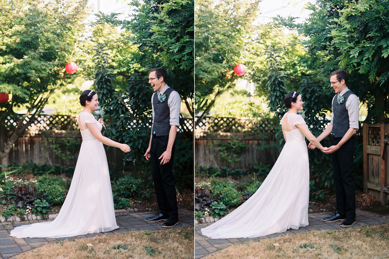 Intimate backyard wedding first look in Seattle