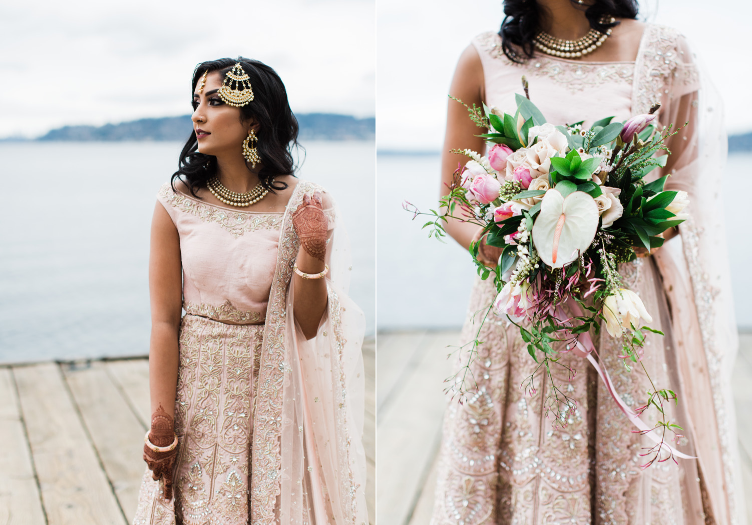 Alexandra Knight Photography Seattle Indian Wedding Photographer bride in blush pink lehenga with tropical flower bouquet.jpg